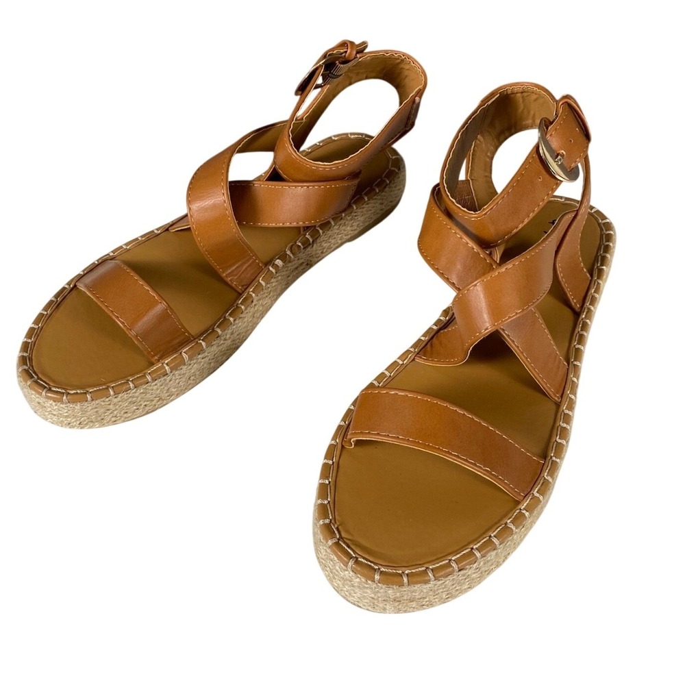 Qupid Tan Faux Leather Espadrille Platform Sandals Strappy Ankle Buckle Size 7.5